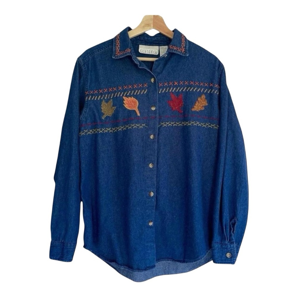 Vintage Casey and Max Long Sleeve Denim Shirt With Embroidered Fall Leaves M